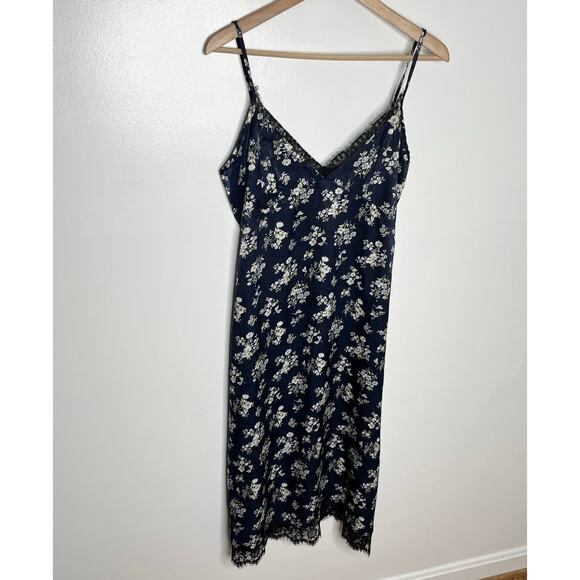 Kenzie Francescas Women Satin Floral Midi Slip Dress Medium Navy Lace Side Slit - Picture 5 of 13